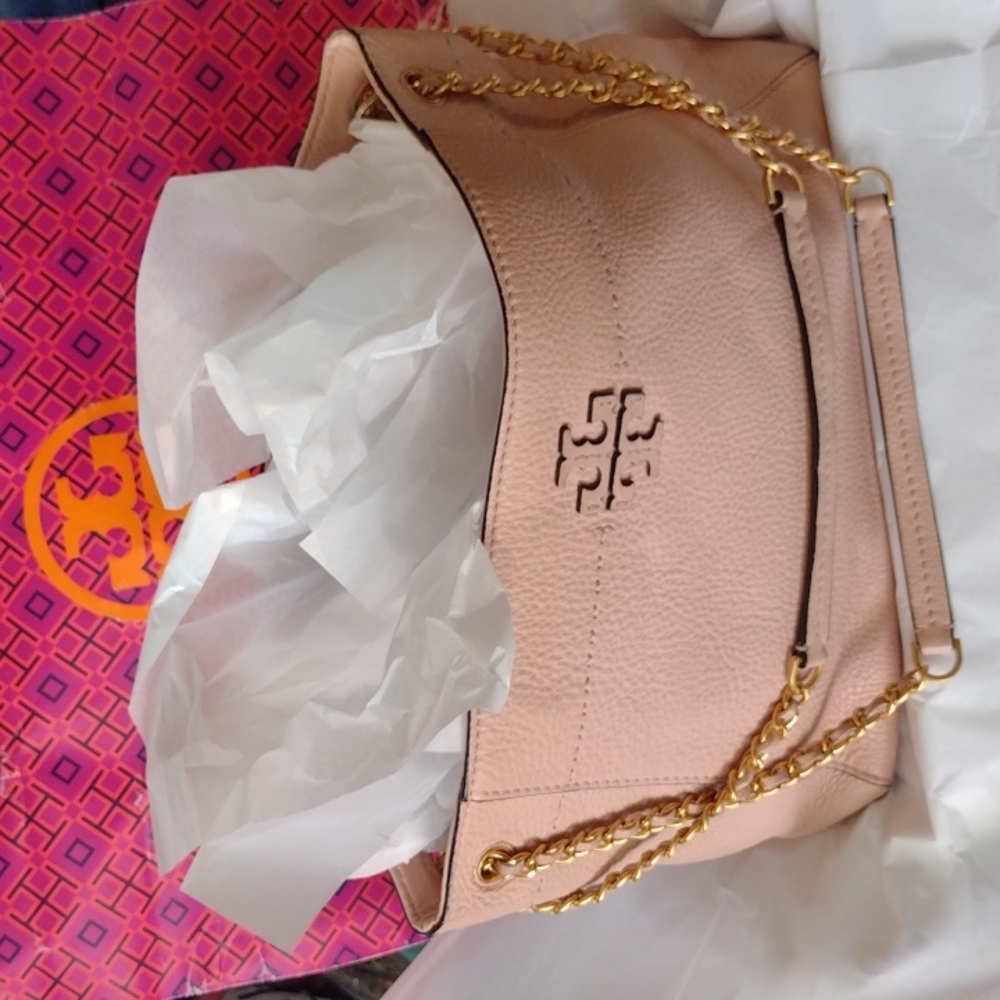 Tory Burch Vintage Salmon 🛍️ Gold 🪙 HW Braids Pebbled Leather Tote - Picture 8 of 16